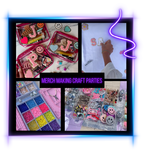 4 images with merch and glitter and a child's hand playing with a crayon and a paper