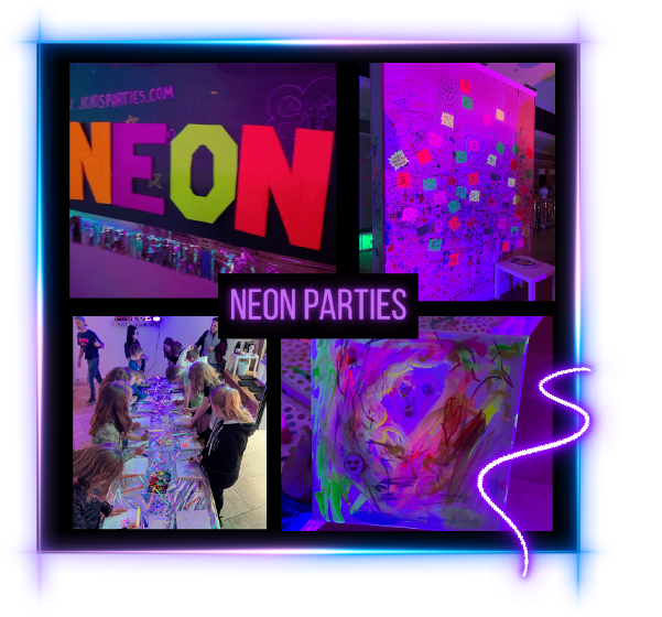 4 pictures of kids having fun at a Neon Paint and glitter birthday party with a big NEON sign in Edinburgh at Jojos Parties party studio.