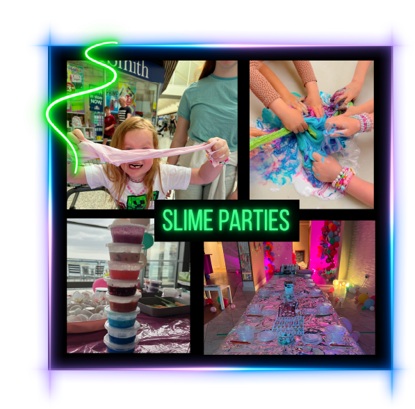 4 pictures of kids having fun at a birthday party playing with slime of all colours in Edinburgh at Jojos Parties party studio