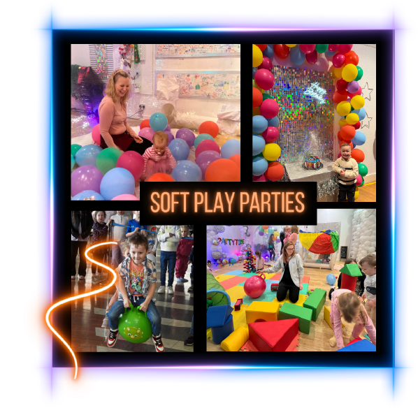 4 pictures of young children having fun at a birthday party with lots of soft play accessories, balloons and soft foam mattresses and walls in Edinburgh at Jojos Parties party studio