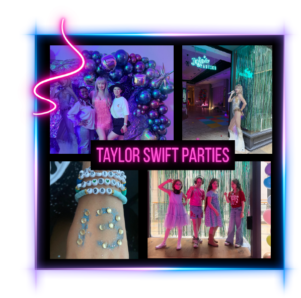 4 pictures of kids having fun at a Taylor Swift themed silent disco birthday party with a Taylor Swift lookalike cosplayer posing for the images in Edinburgh at Jojos Parties party studio